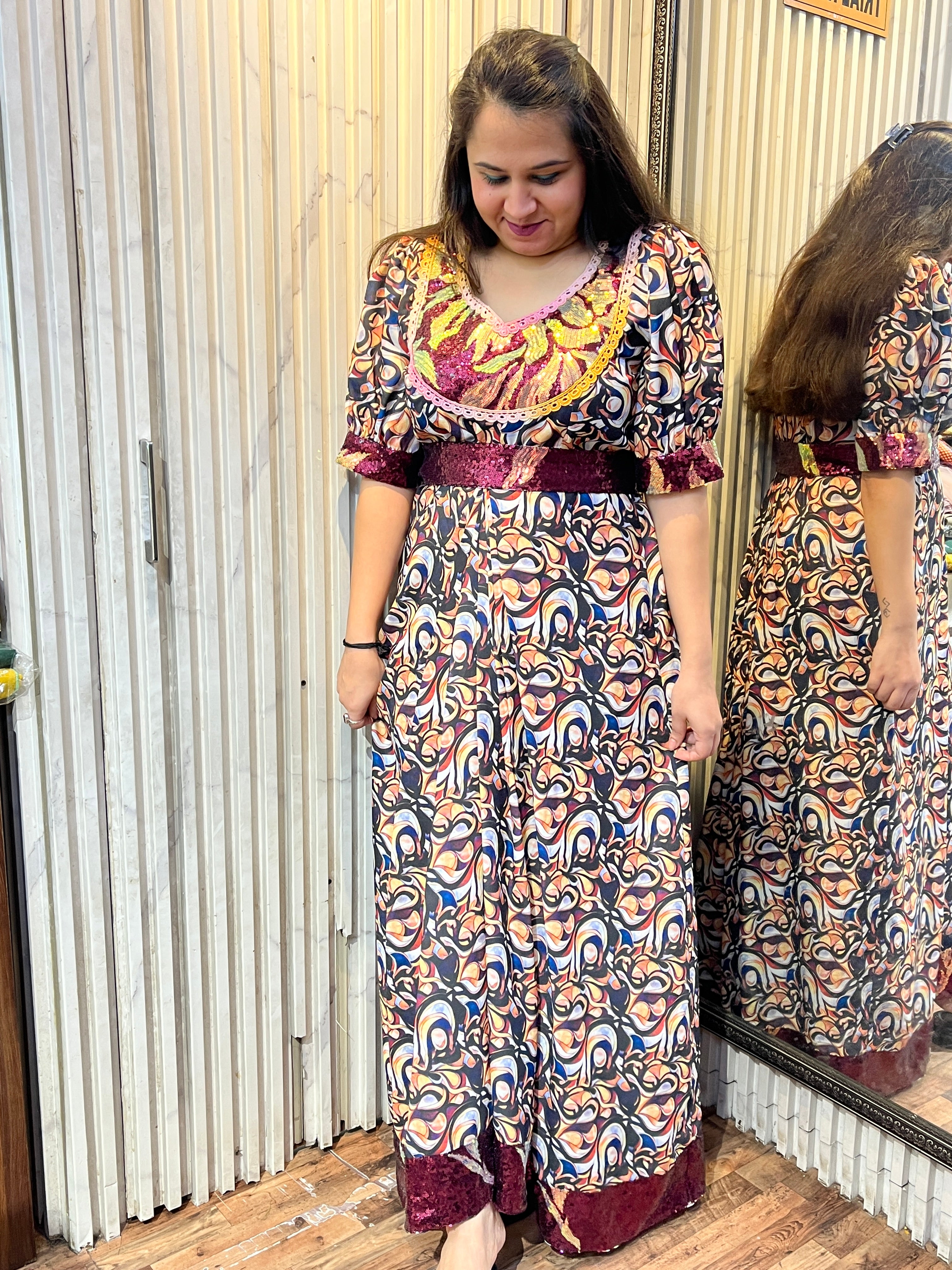Double Georgette Sequins Drape Maxi Dress