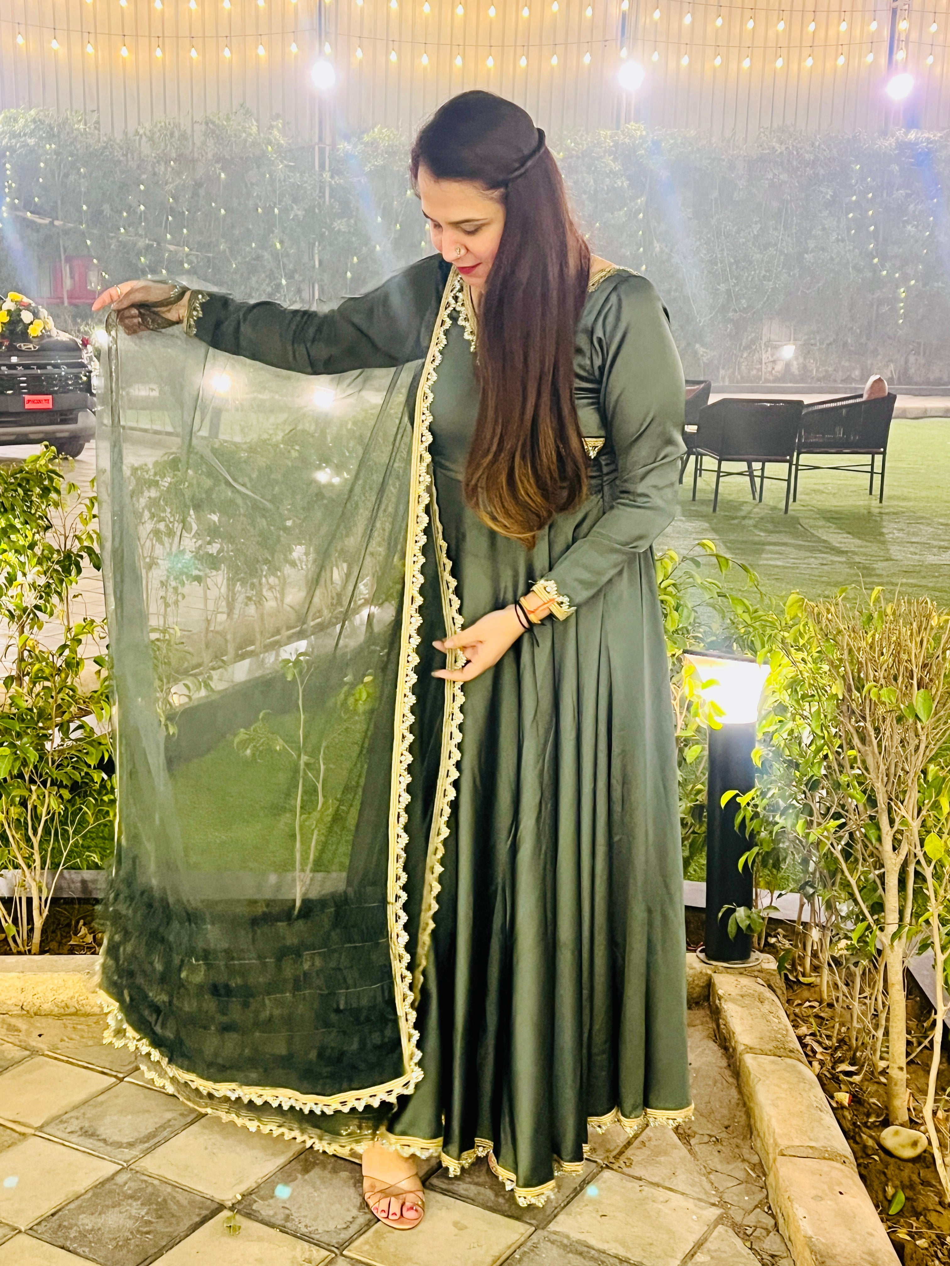 Teal Satin Angrakha Anarkali with Net Frills Dupatta