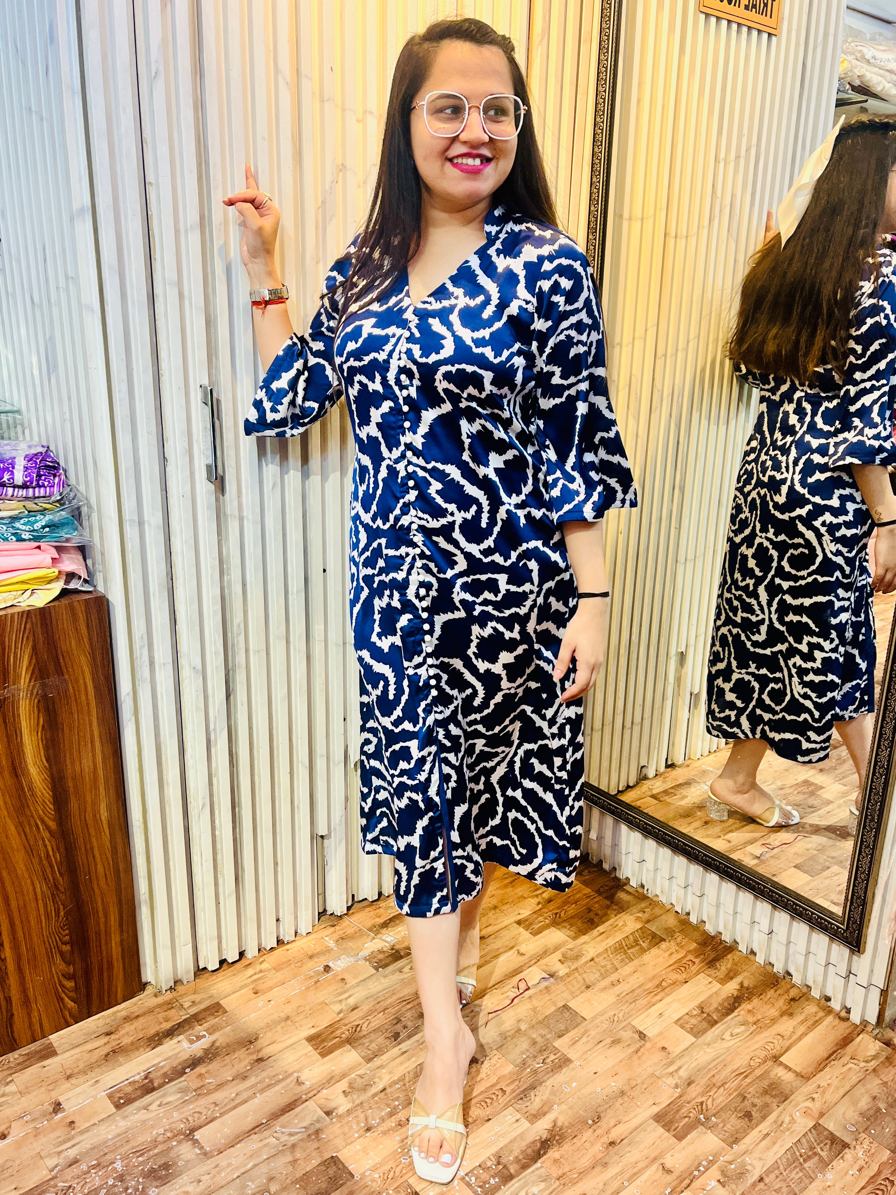Satin Blue Animal Print Midi Dress