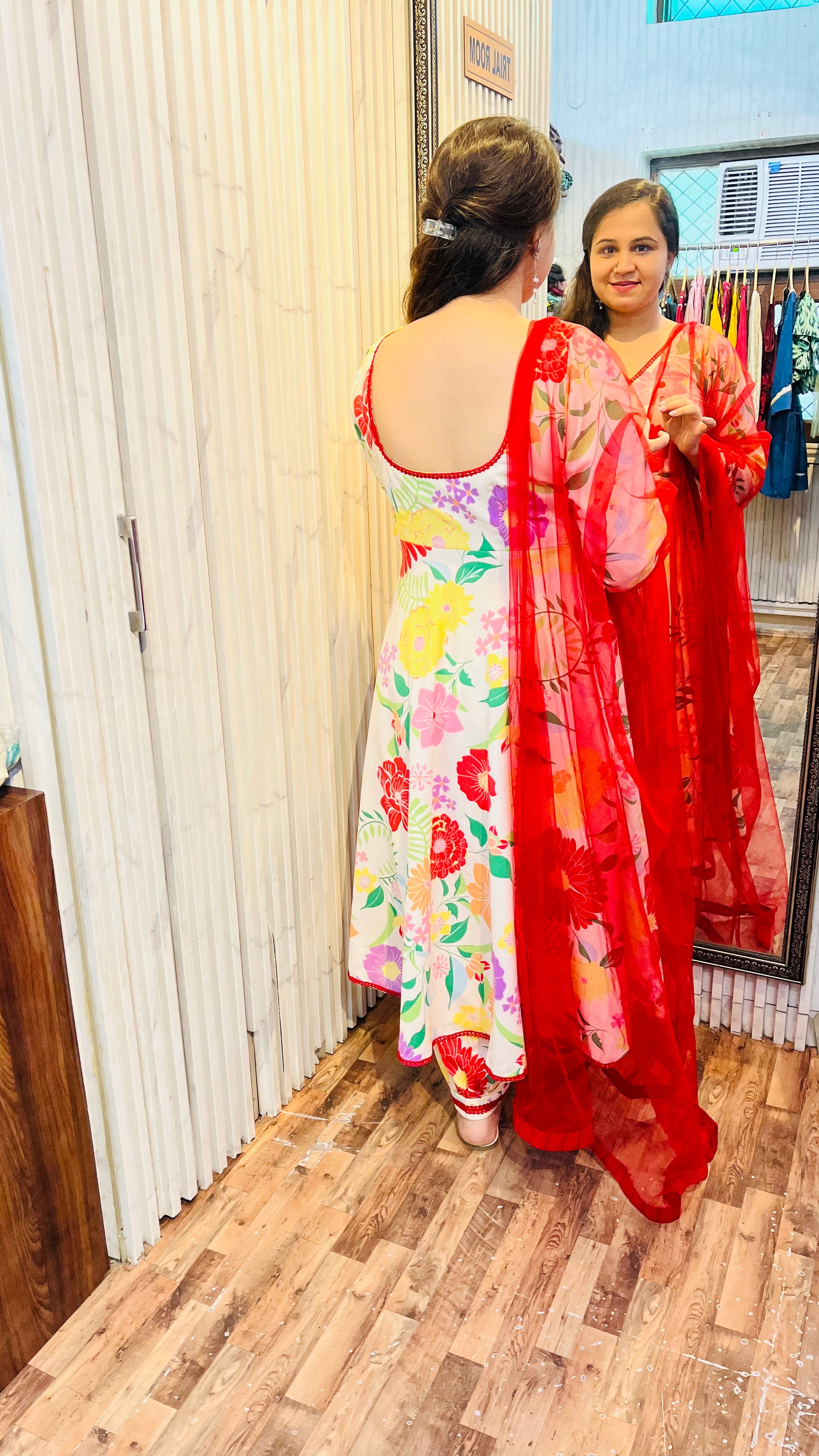 Cream Floral Print Flared Suit with Afghani Pants