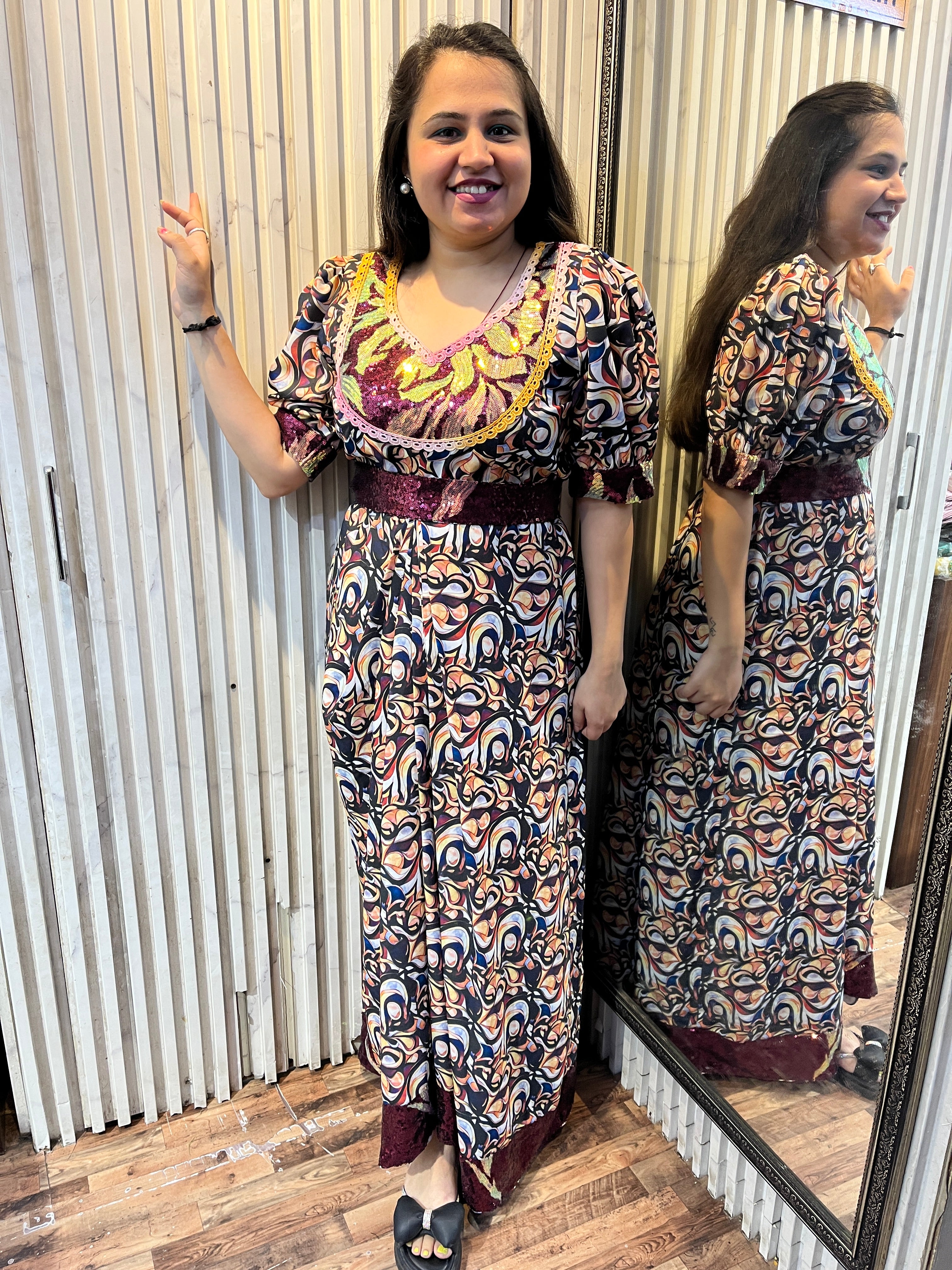 Double Georgette Sequins Drape Maxi Dress