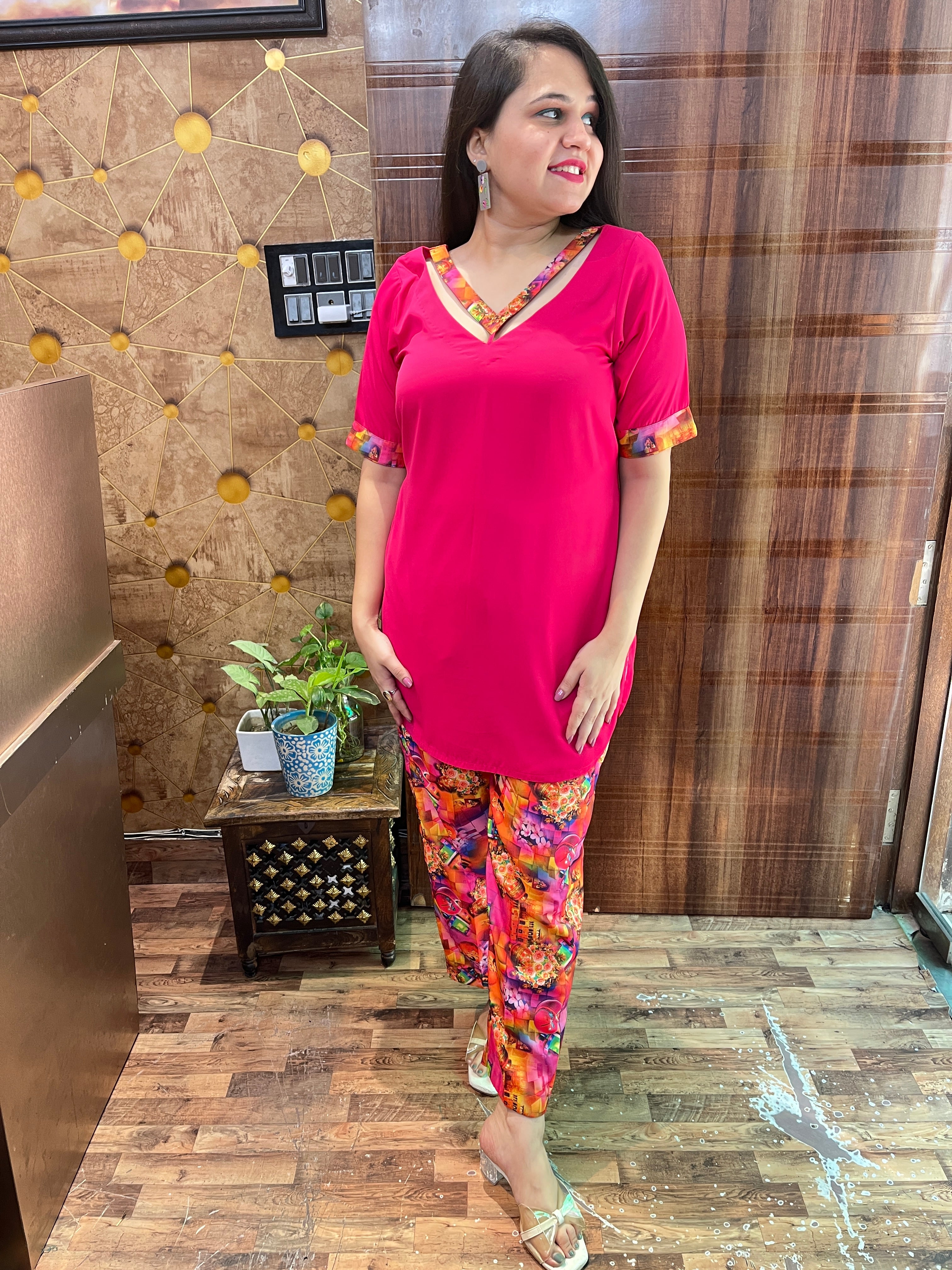 Pink Kurta Coord with Abstract Pants