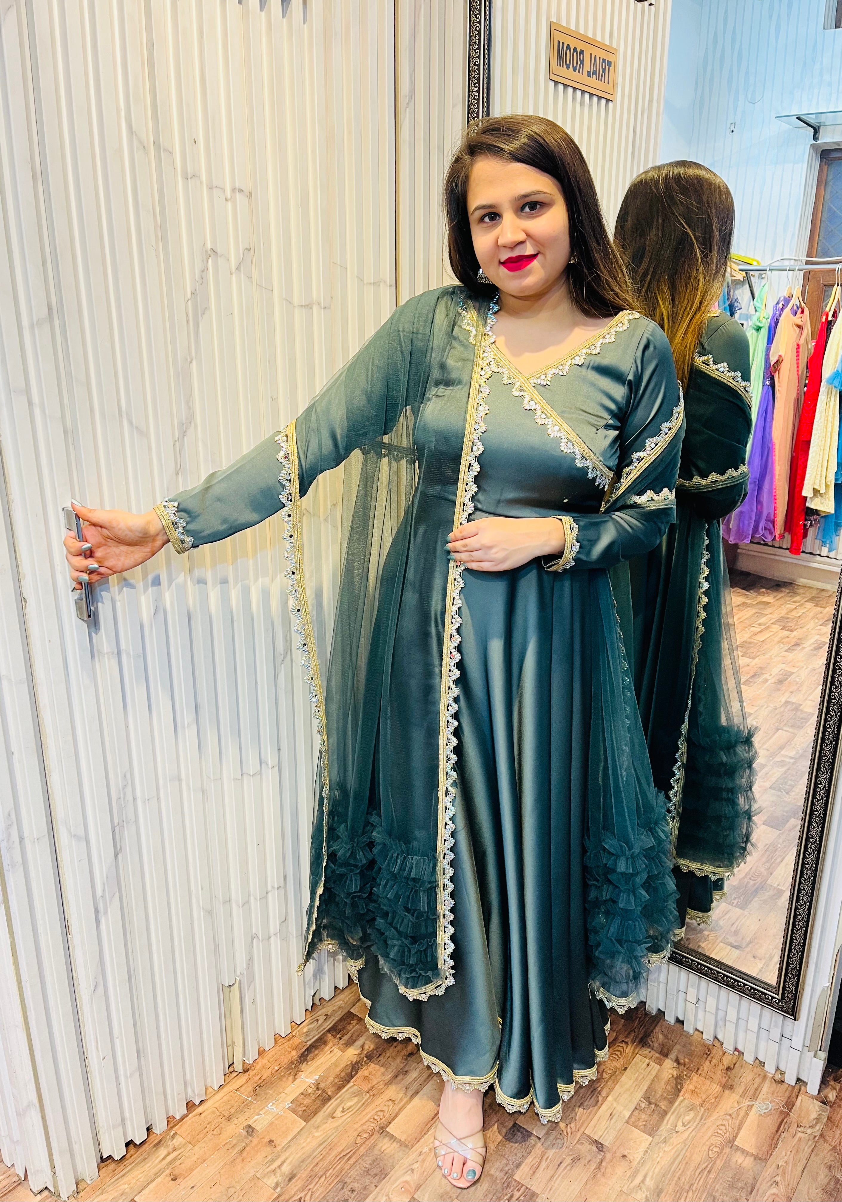 Teal Satin Angrakha Anarkali with Net Frills Dupatta