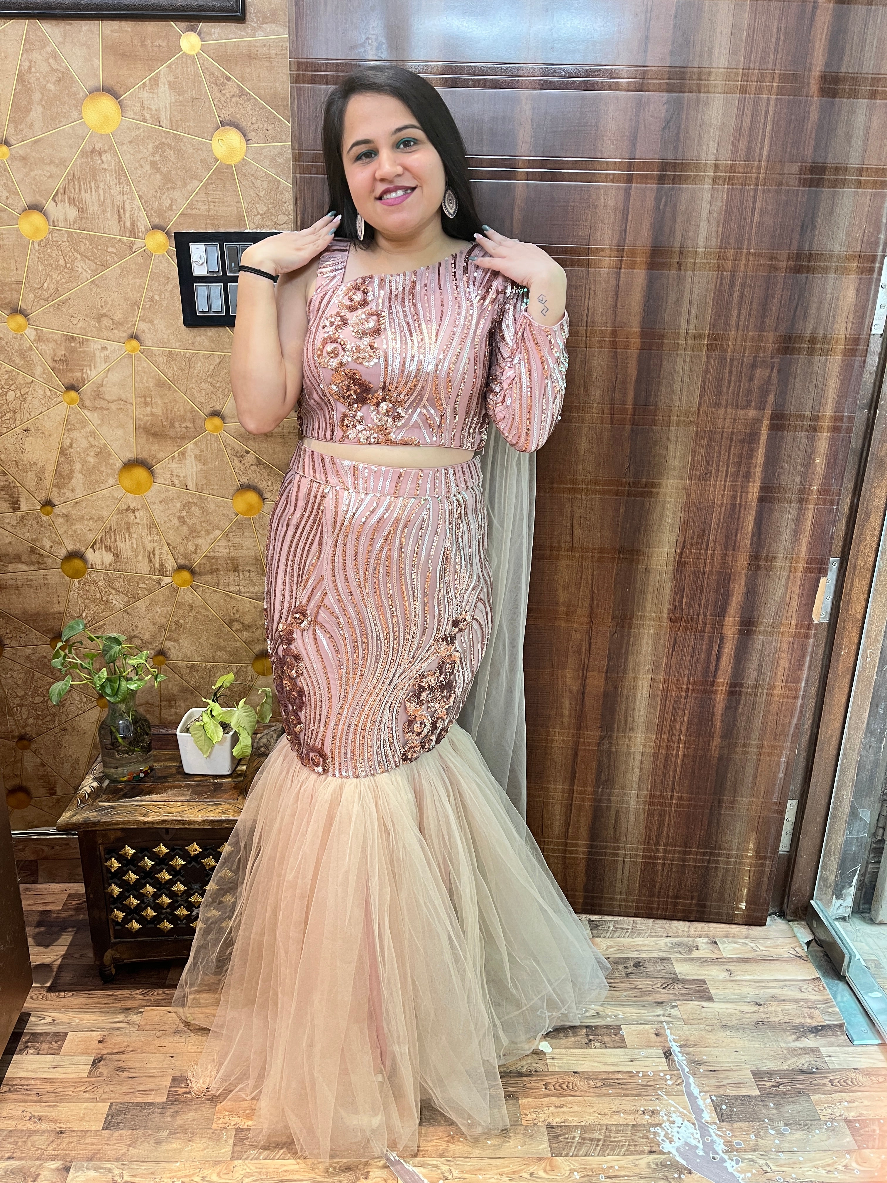 Sequins Net Fishcut Outfit