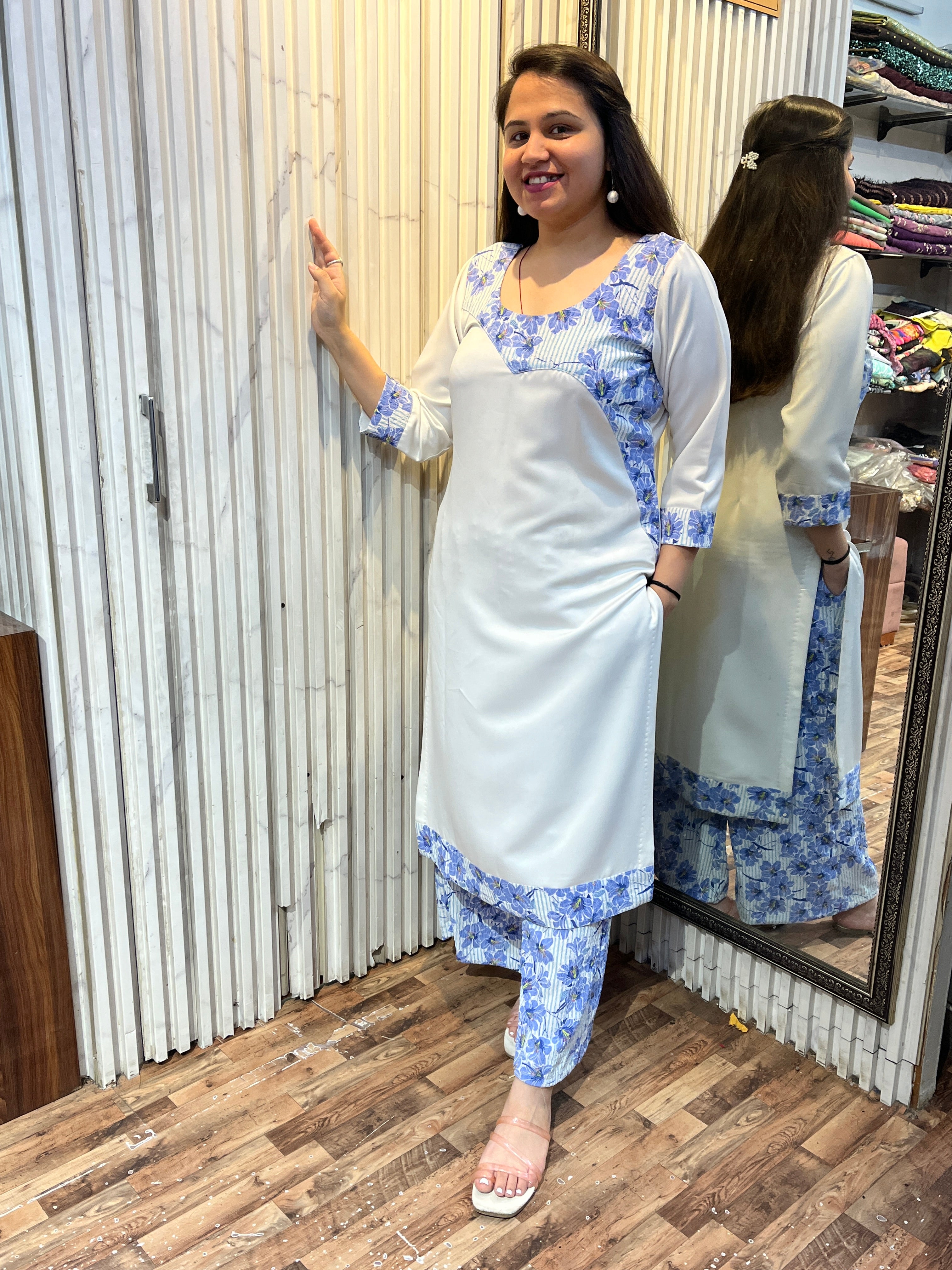 Blue Kurta Set with Printed Yoke & Palazzo