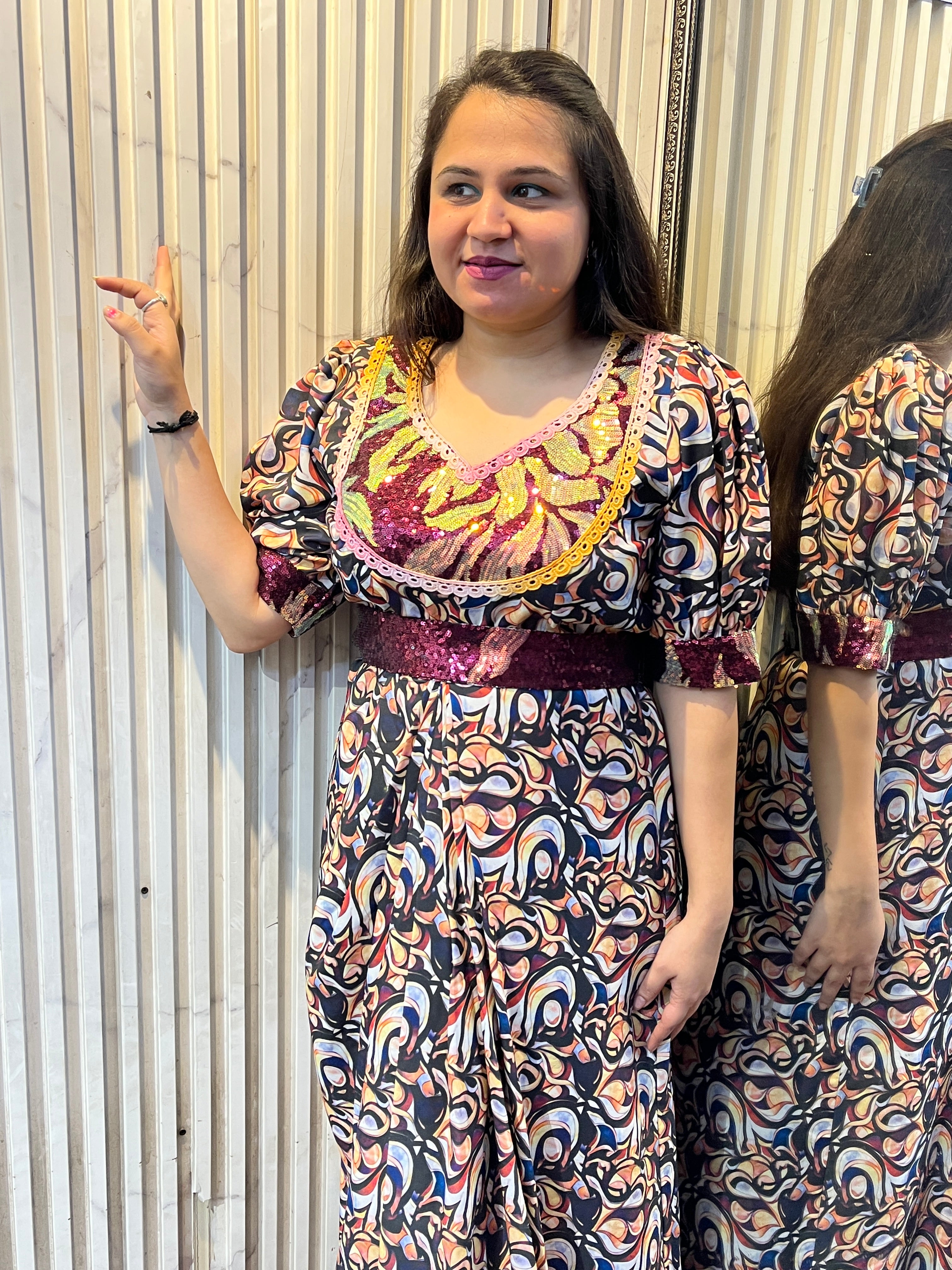 Double Georgette Sequins Drape Maxi Dress