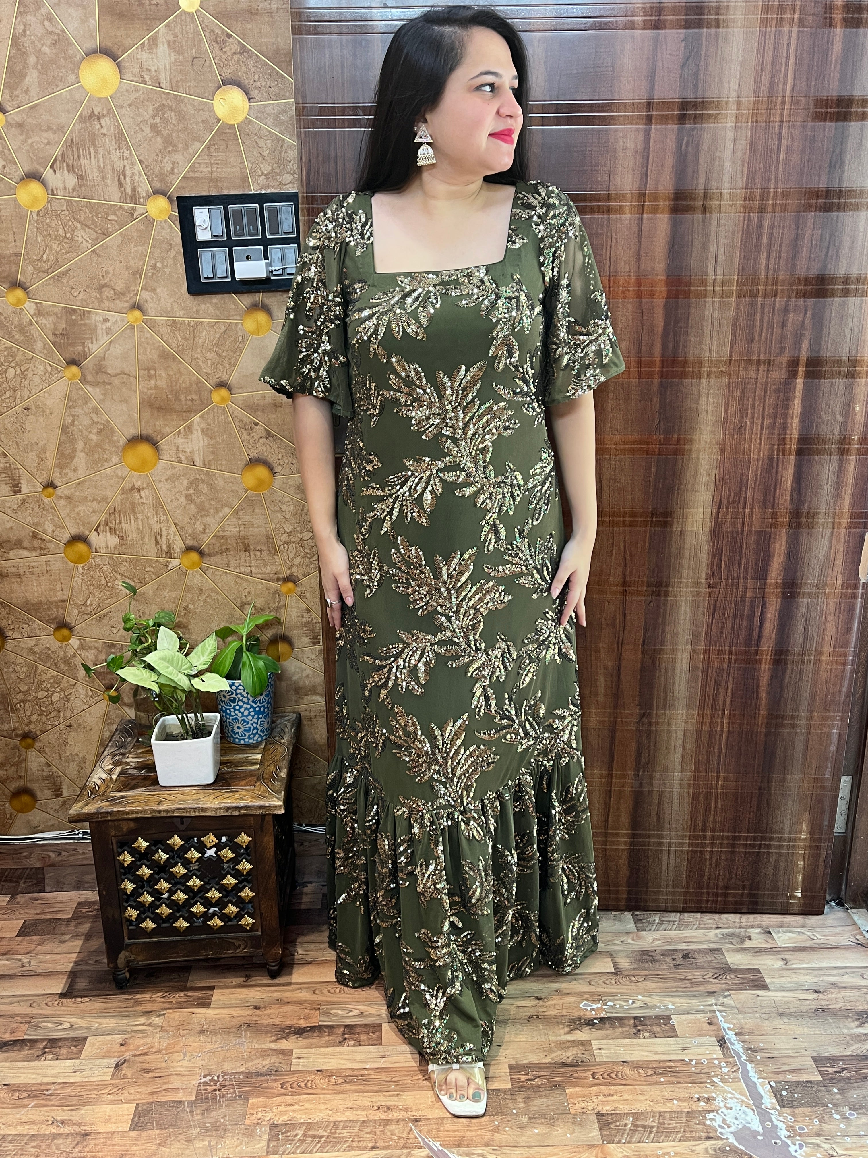 Olive Sequins Maxi Saree