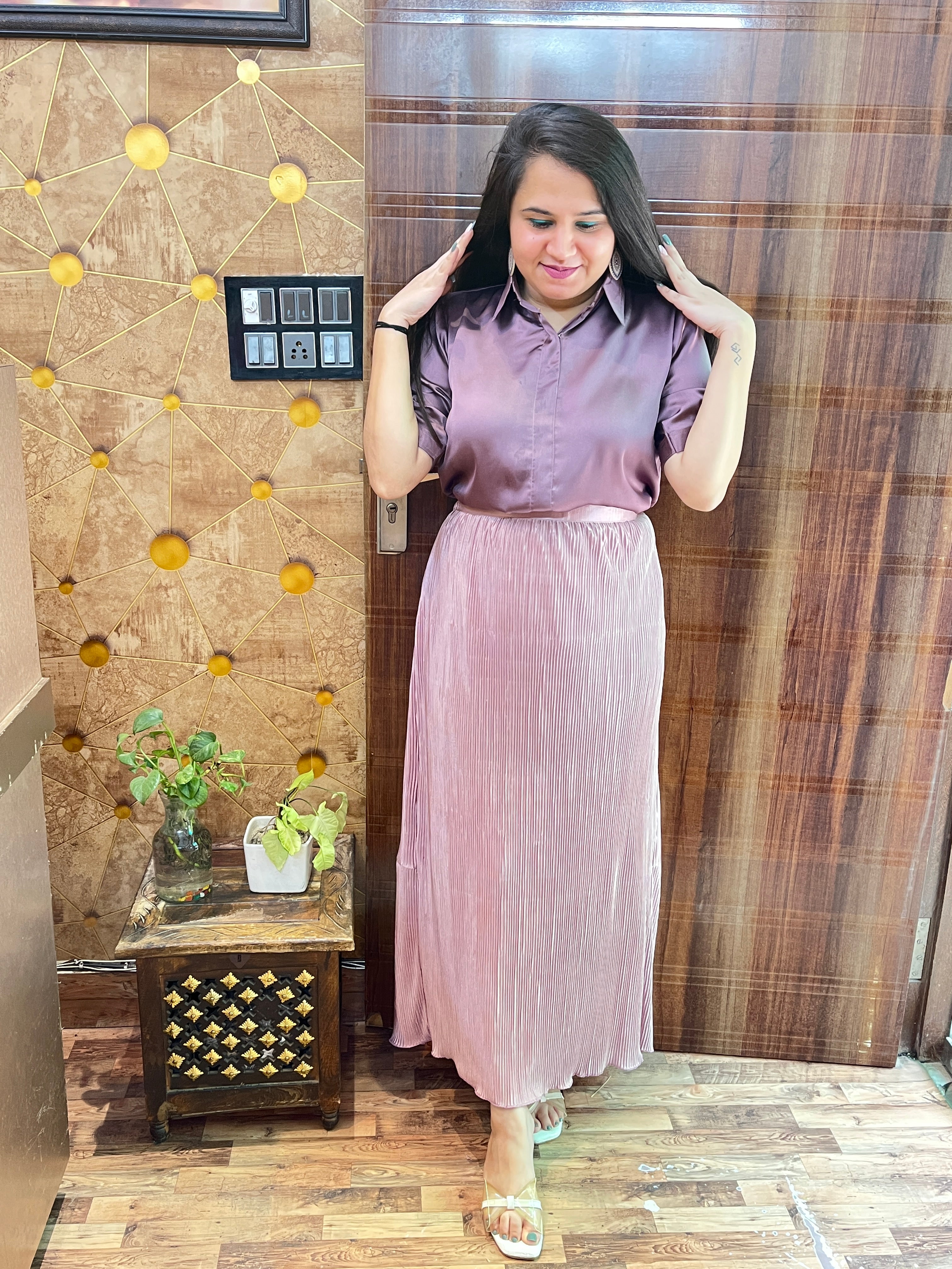 Satin Top Pleated Skirt Coord Set