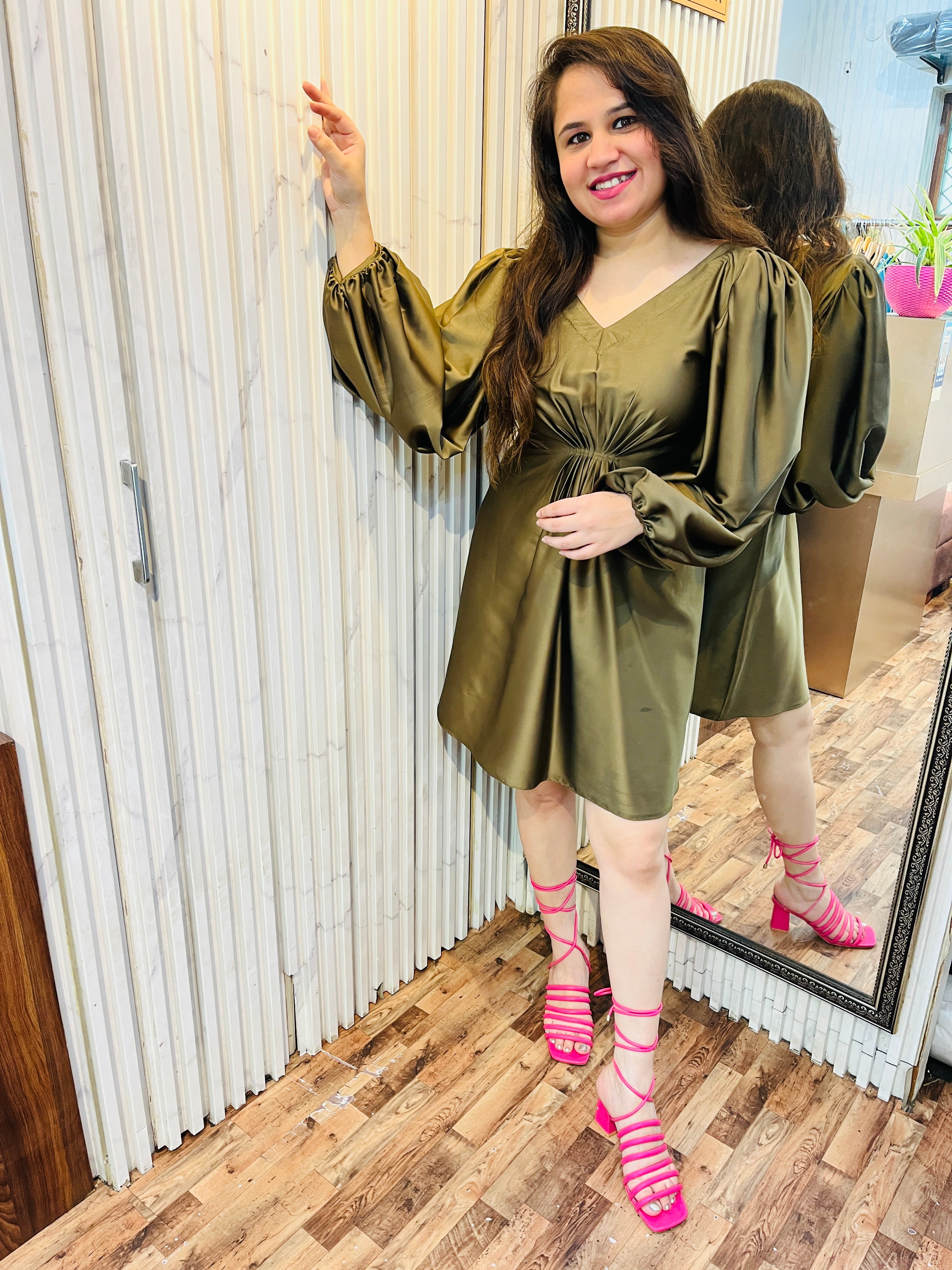 Olive Satin Drape Short Dress