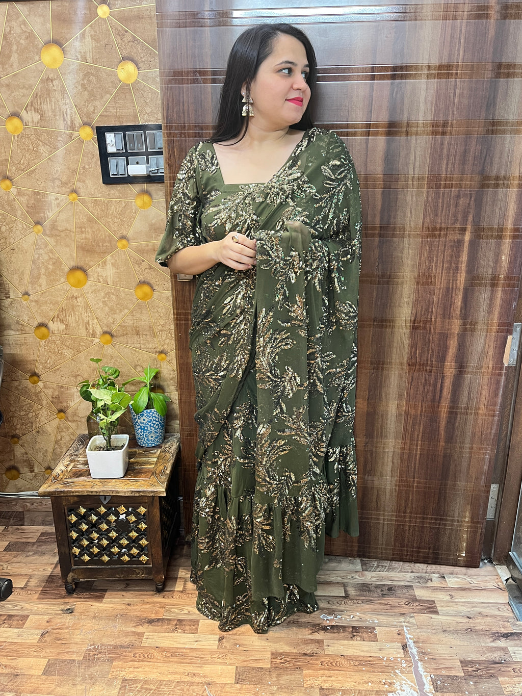Olive Sequins Maxi Saree