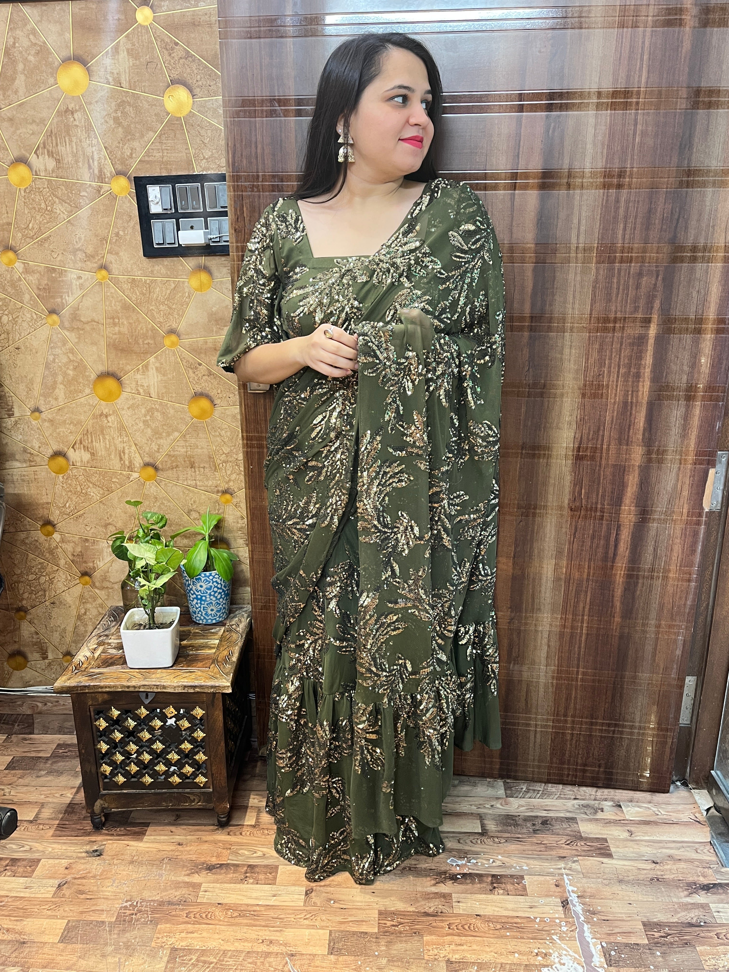 Olive Sequins Maxi Saree