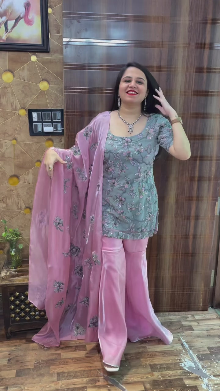 Pink Grey Hand Embroidered Gharara Suit