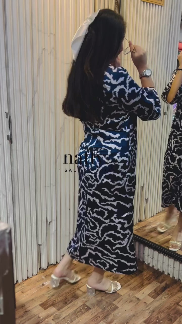 Satin Blue Animal Print Midi Dress