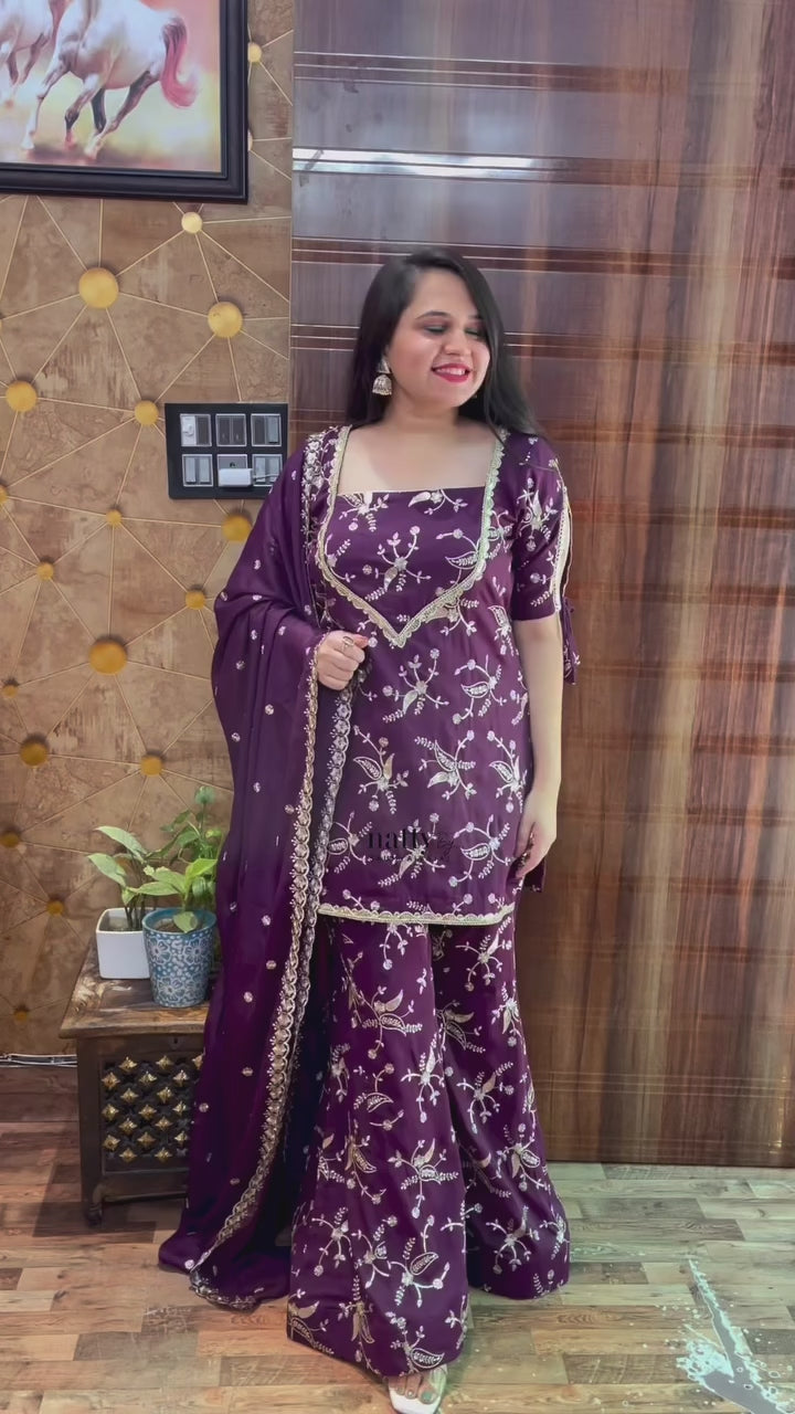 Phalsa Shimmer Georgette Embroidered Kali Sharara Suit